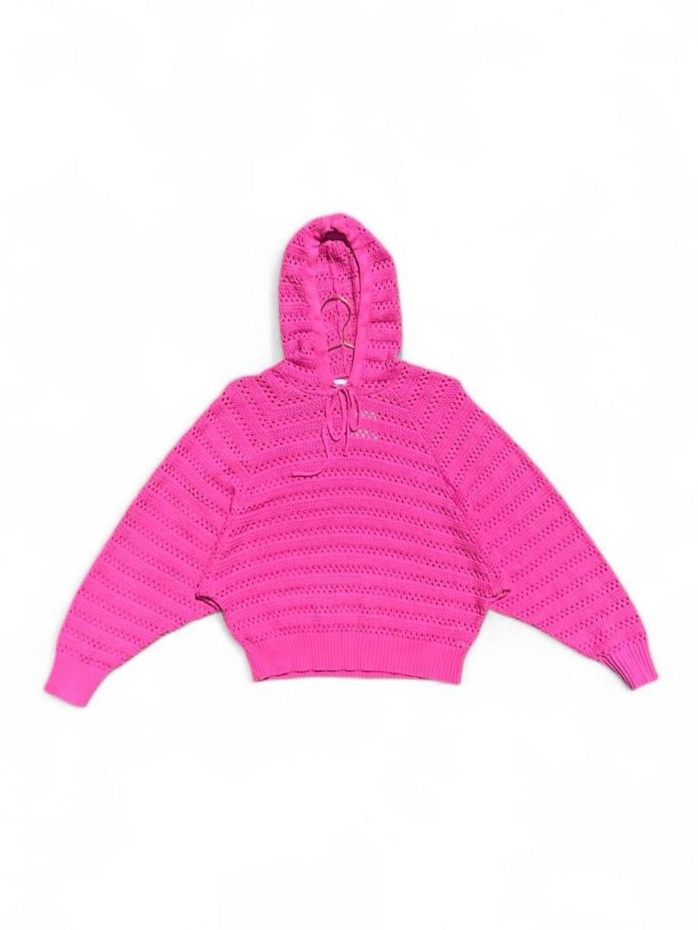 Staccato Hot Pink Crochet Open Knit Hooded Sweater Y2K Boho Size L NWT